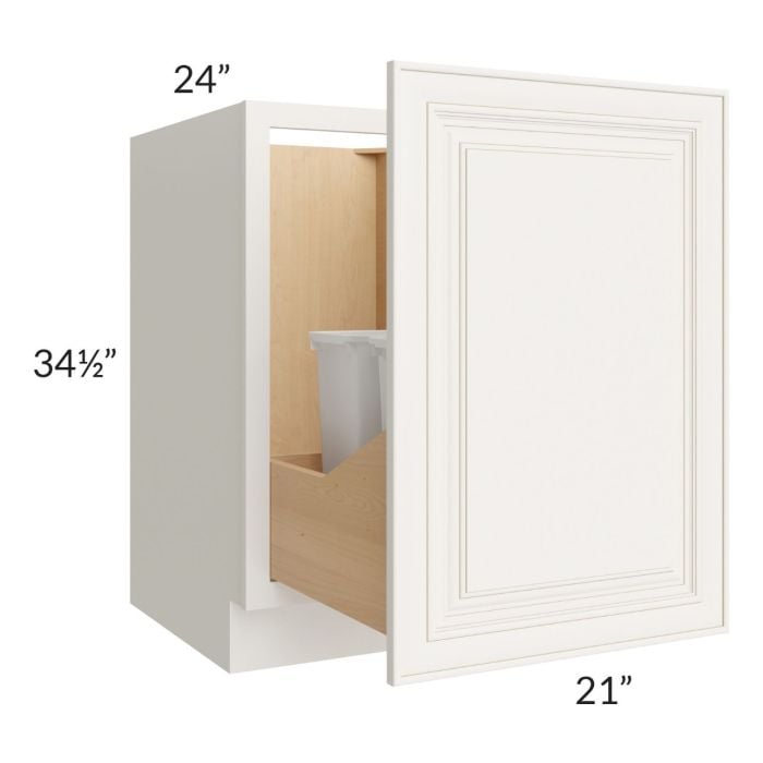 RTA Cambridge Antique White Glaze 21" Full Height Door Base Cabinet with Double Trashcan Pullout and 1 Decorative End Panel