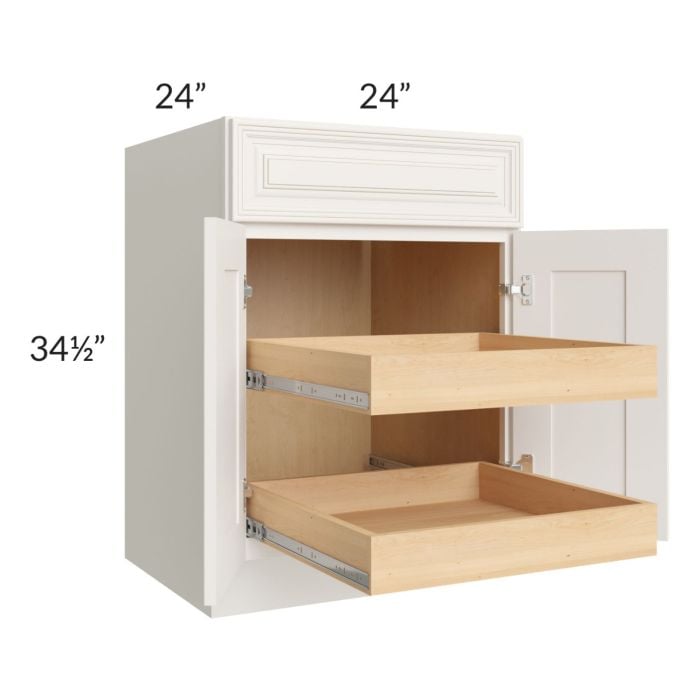 RTA Cambridge Antique White Glaze 24" Base Cabinet with 2 Rollout Trays and 1 Decorative End Panel