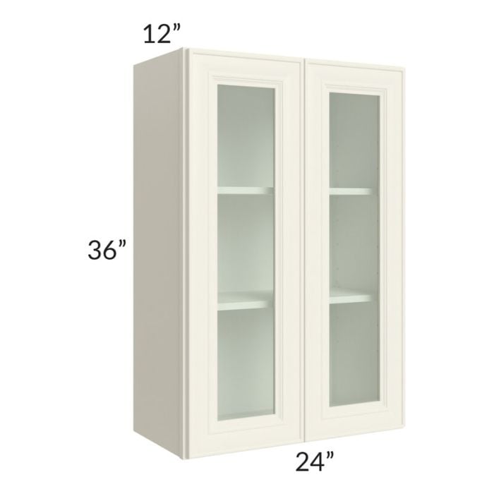 RTA Cambridge Antique White Glaze 24" x 36" Wall Glass Door Cabinet (Prepped for Glass Doors) with 2 Decorative End Panels