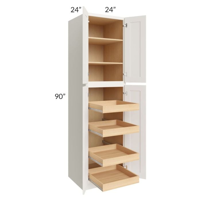 RTA Cambridge Antique White Glaze 24" x 90" x 24" Wall Pantry Cabinet with 4 Rollout Trays and 2 Decorative End Panels