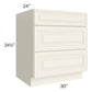 RTA Cambridge Antique White Glaze 30" 3-Drawer Base Cabinet with 1 Decorative End Panel
