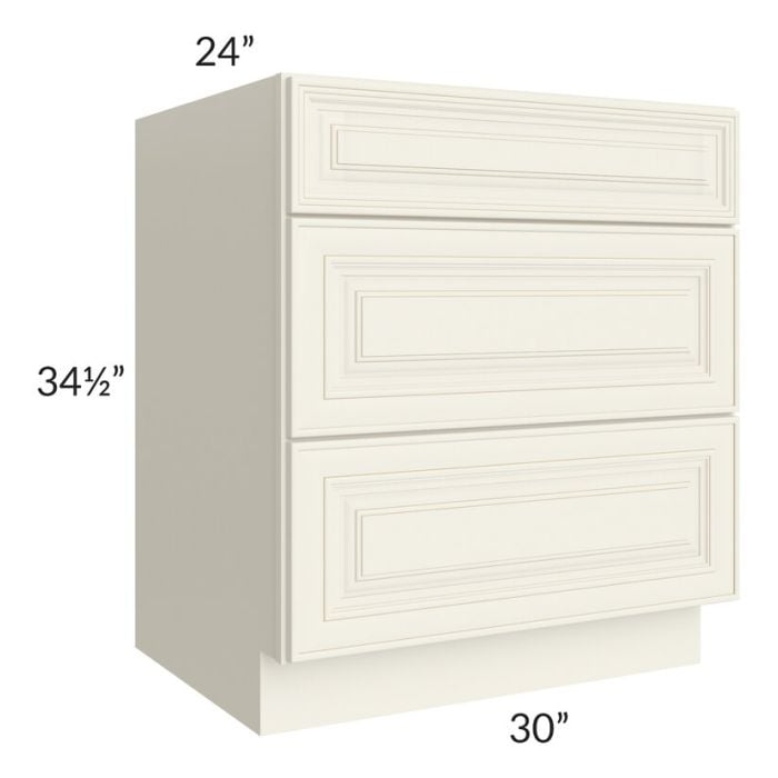 RTA Cambridge Antique White Glaze 30" 3-Drawer Base Cabinet with 1 Decorative End Panel