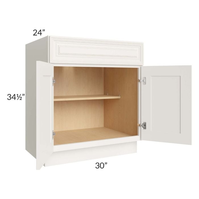 RTA Cambridge Antique White Glaze 30" Base Cabinet (1 drawer) with 1 Decorative End Panel and 2 Roll Out Trays
