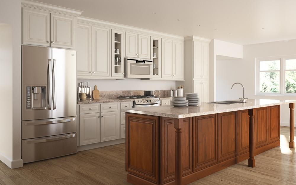 RTA Cambridge Antique White Glaze 30" x 12" Wall Cabinet with 2 Decorative End Panels