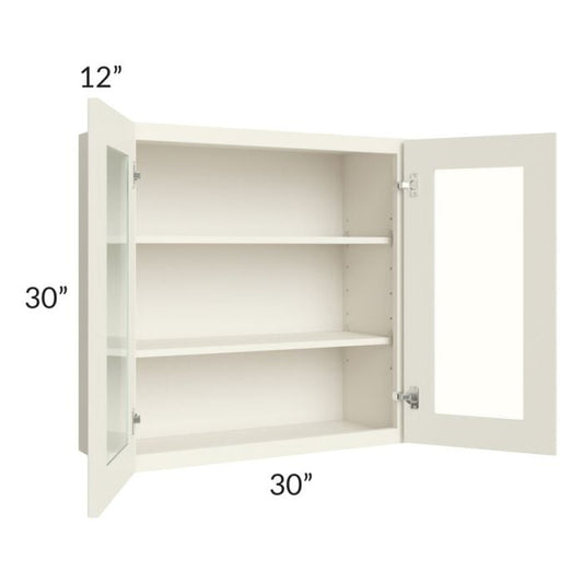 RTA Cambridge Antique White Glaze 30" x 30" Wall Glass Door Cabinet (Prepped for Glass Doors) with 1 Decorative End Panel