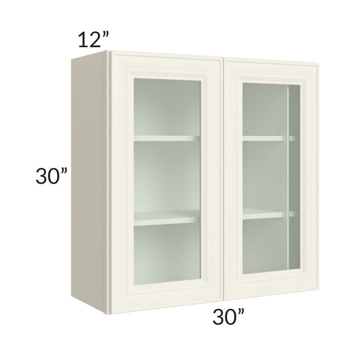 RTA Cambridge Antique White Glaze 30" x 30" Wall Glass Door Cabinet (Prepped for Glass Doors) with 2 Decorative End Panels