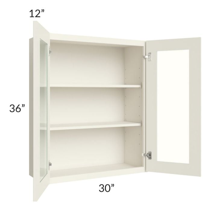 RTA Cambridge Antique White Glaze 30" x 36" Wall Glass Door Cabinet (Prepped for Glass Doors) with 2 Decorative End Panels