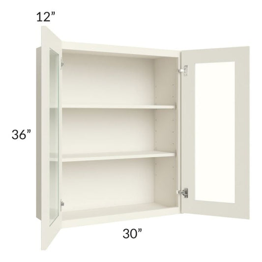 RTA Cambridge Antique White Glaze 30" x 36" Wall Glass Door Cabinet (Prepped for Glass Doors) with 2 Decorative End Panels