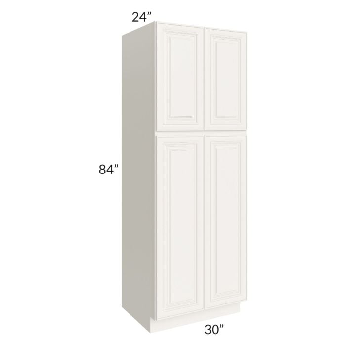 RTA Cambridge Antique White Glaze 30" x 84" x 24" Wall Pantry Cabinet with 2 Decorative End Panels and 2 Roll Out Trays