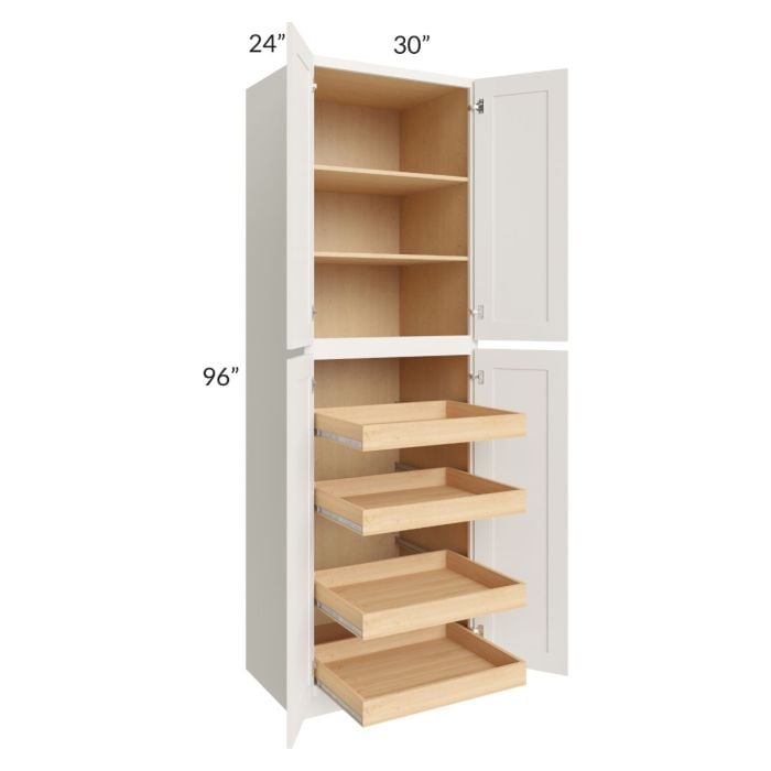 RTA Cambridge Antique White Glaze 30" x 96" x 24" Wall Pantry Cabinet with 4 Rollout Trays and 1 Decorative End Panel