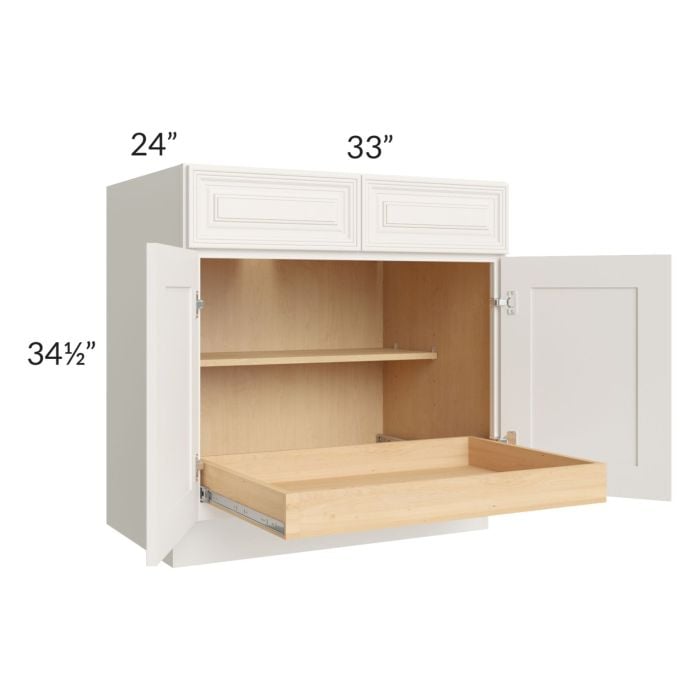 RTA Cambridge Antique White Glaze 33" Base Cabinet with 1 Rollout Tray and 2 Decorative End Panels