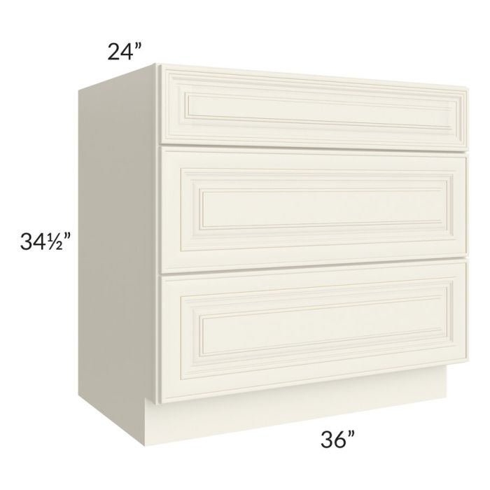 RTA Cambridge Antique White Glaze 36" 3-Drawer Base Cabinet with 1 Decorative End Panel