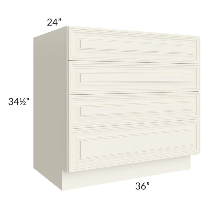 RTA Cambridge Antique White Glaze 36" 4-Drawer Base Cabinet with 1 Decorative End Panel