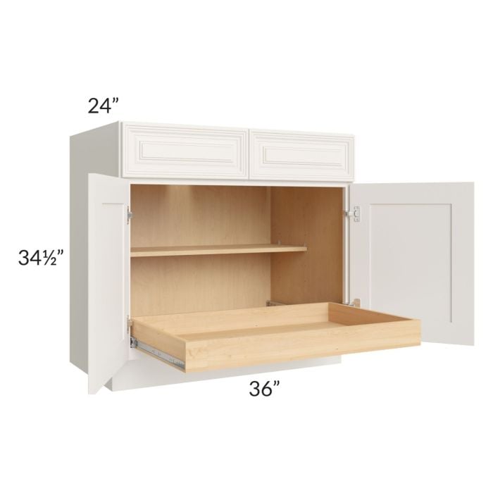 RTA Cambridge Antique White Glaze 36" Base Cabinet with 1 Rollout Tray and 2 Decorative End Panels