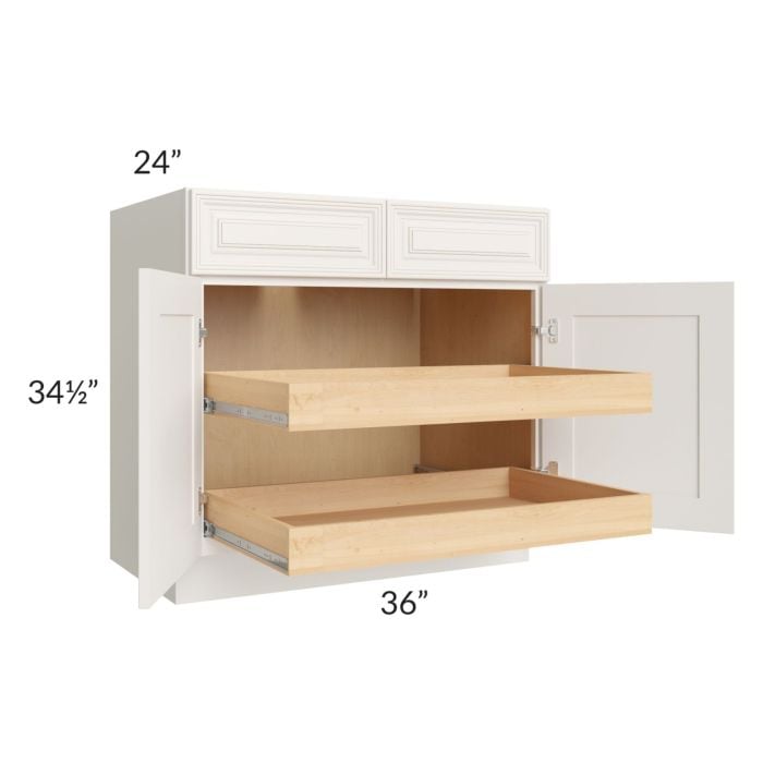 RTA Cambridge Antique White Glaze 36" Base Cabinet with 2 Rollout Trays and 2 Decorative End Panels