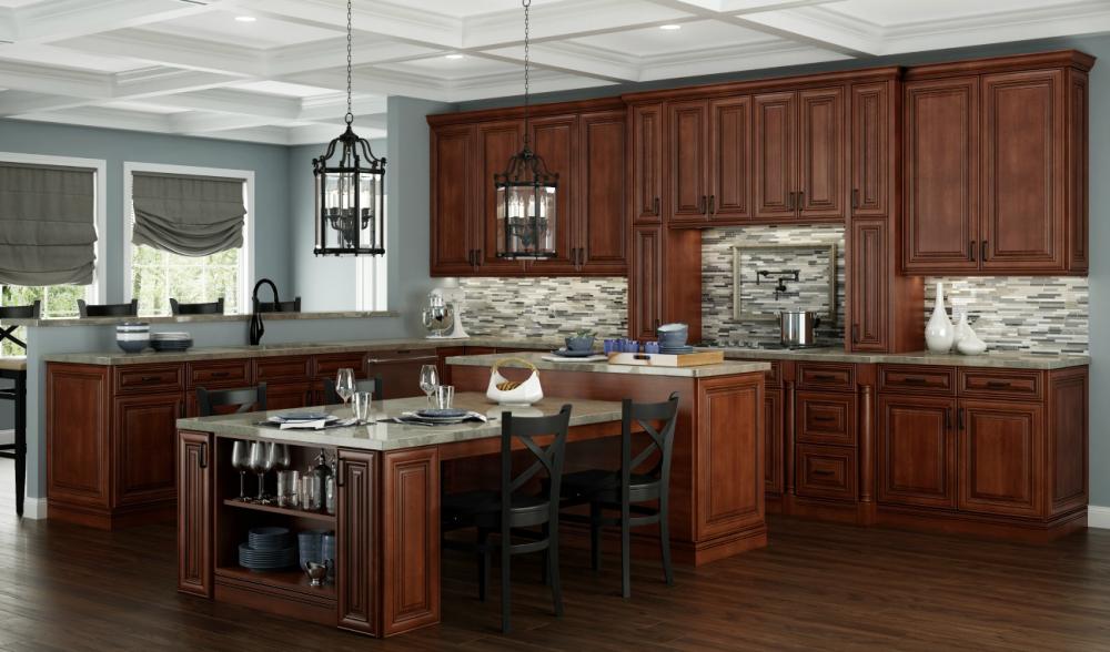 RTA Cambridge Saddle Glaze 15" x 30" Wall Glass Door Cabinet (Prepped for Glass Doors) with 1 Decorative End Panel