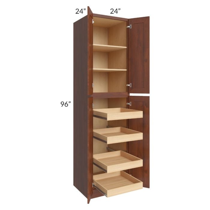 RTA Cambridge Saddle Glaze 24" x 96" x 24" Wall Pantry Cabinet with 4 Rollout Trays and 1 Decorative End Panel