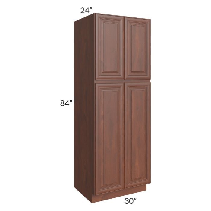 RTA Cambridge Saddle Glaze 30" x 84" x 24" Wall Pantry Cabinet with 1 Decorative End Panel and 2 Roll Out Trays