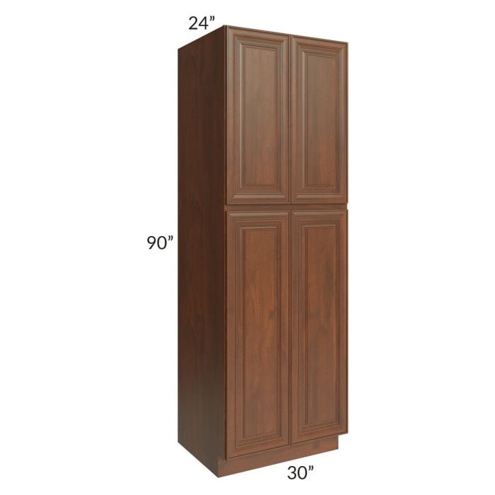 RTA Cambridge Saddle Glaze 30" x 90" x 24" Wall Pantry Cabinet with 1 Decorative End Panel and 4 Roll Out Trays