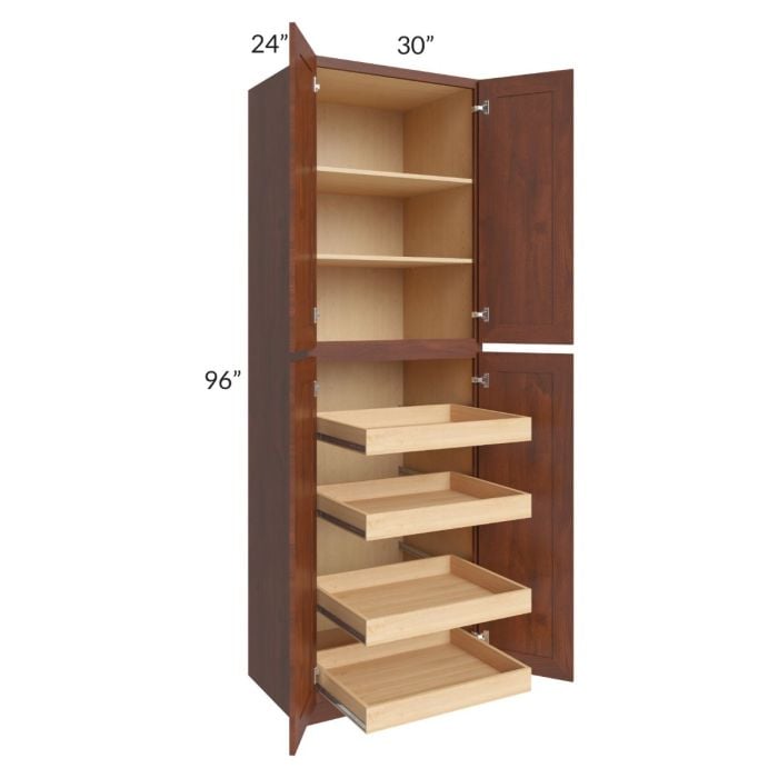 RTA Cambridge Saddle Glaze 30" x 96" x 24" Wall Pantry Cabinet with 4 Rollout Trays and 1 Decorative End Panel
