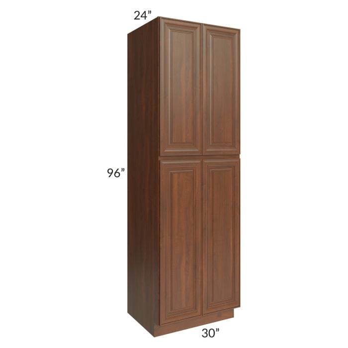 RTA Cambridge Saddle Glaze30" x 96" x 24" Wall Pantry Cabinet with 2 Decorative End Panels and 3 Roll Out Trays