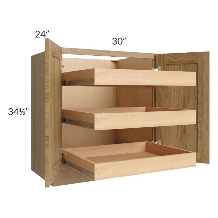 RTA Catalina Toffee 30" Full Height Base Cabinet with 3 Rollout Trays and 2 Decorative End Panels