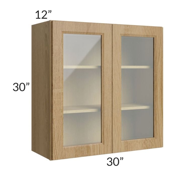 RTA Catalina Toffee 30" x 30" Wall Glass Door Cabinet (Prepped for Glass Doors) with 2 Decorative End Panels