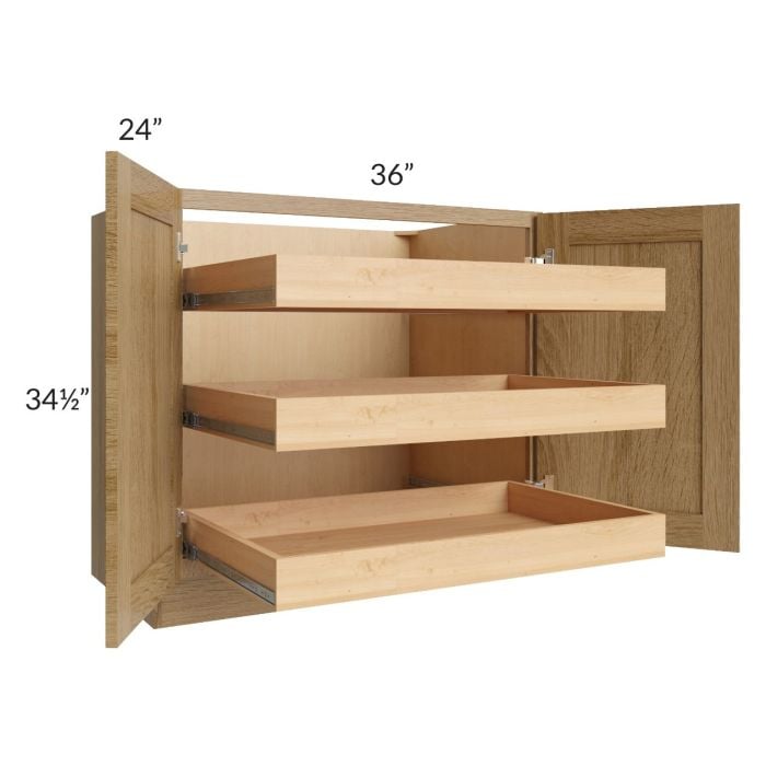RTA Catalina Toffee 36" Full Height Base Cabinet with 3 Rollout Trays and 2 Decorative End Panels