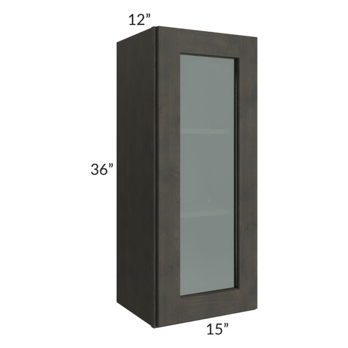 RTA Charcoal Grey Shaker 15" x 36" Wall Glass Door Cabinet (Prepped for Glass Doors) with 1 Decorative End Panel