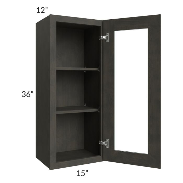 RTA Charcoal Grey Shaker 15" x 36" Wall Glass Door Cabinet (Prepped for Glass Doors) with 1 Decorative End Panel