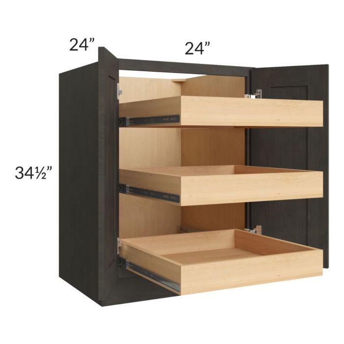 RTA Charcoal Grey Shaker 24" Full Height Base Cabinet with 3 Rollout Trays and 2 Decorative End Panels