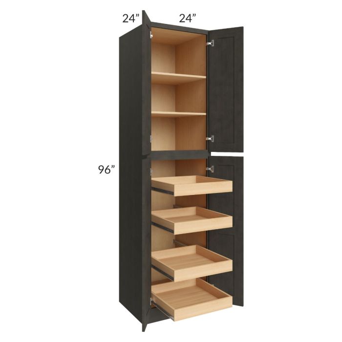 RTA Charcoal Grey Shaker 24" x 96" x 24" Wall Pantry Cabinet with 4 Rollout Trays and 2 Decorative End Panels