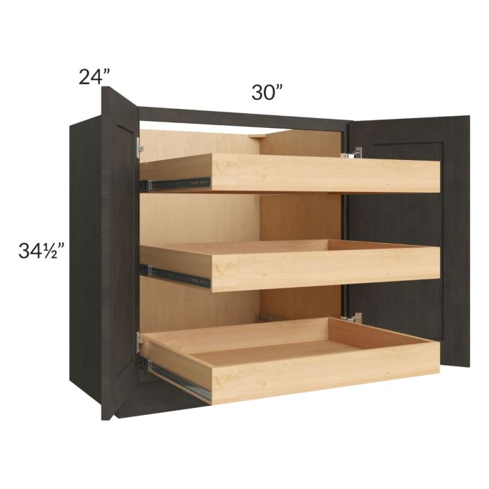 RTA Charcoal Grey Shaker 30" Full Height Base Cabinet with 3 Rollout Trays and 2 Decorative End Panels