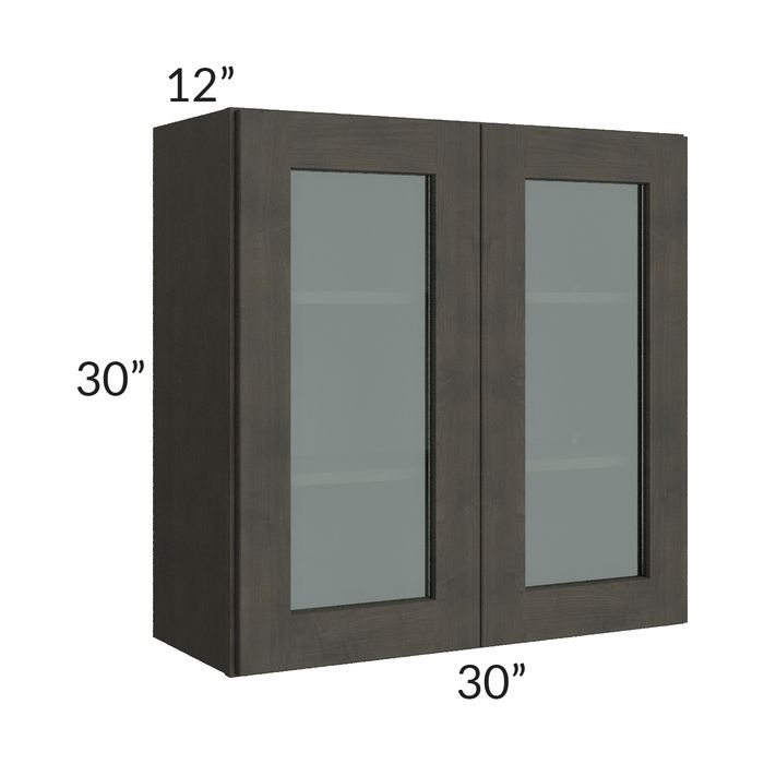RTA Charcoal Grey Shaker 30" x 30" Wall Glass Door Cabinet (Prepped for Glass Doors) with 2 Decorative End Panels