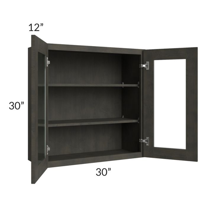 RTA Charcoal Grey Shaker 30" x 30" Wall Glass Door Cabinet (Prepped for Glass Doors) with 2 Decorative End Panels