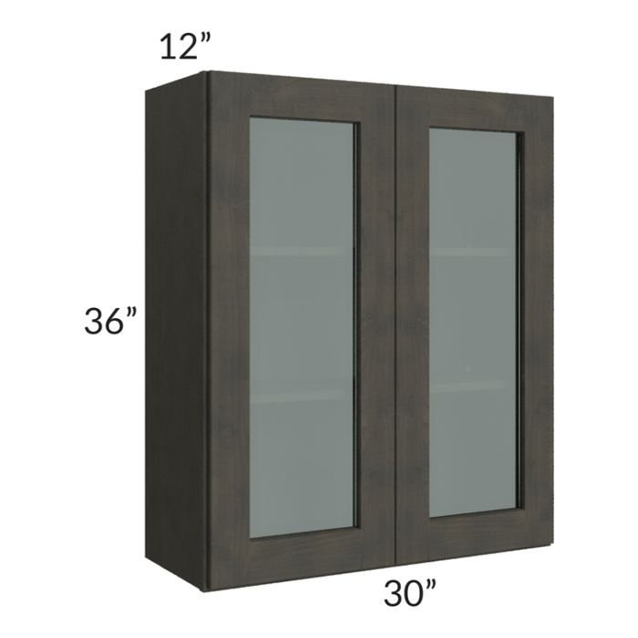 RTA Charcoal Grey Shaker 30" x 36" Wall Glass Door Cabinet (Prepped for Glass Doors) with 2 Decorative End Panels