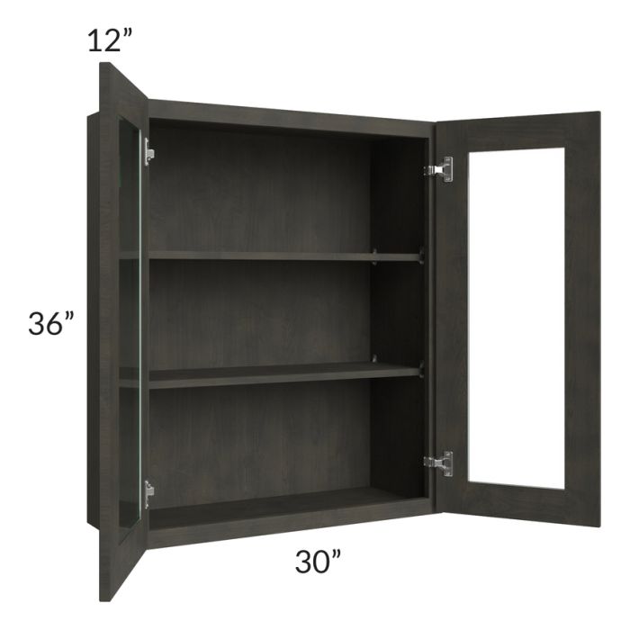 RTA Charcoal Grey Shaker 30" x 36" Wall Glass Door Cabinet (Prepped for Glass Doors) with 2 Decorative End Panels