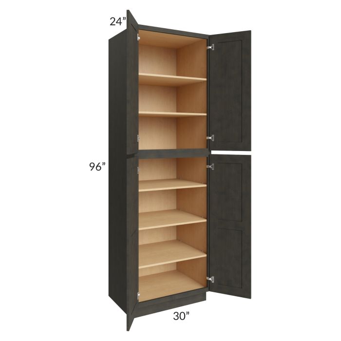 RTA Charcoal Grey Shaker 30" x 96" x 24" Wall Pantry Cabinet with 1 Decorative End Panel and 2 Roll Out Trays