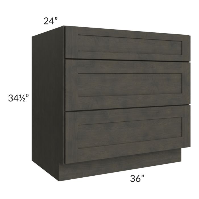 RTA Charcoal Grey Shaker 36" 3-Drawer Base Cabinet with 1 Decorative End Panel