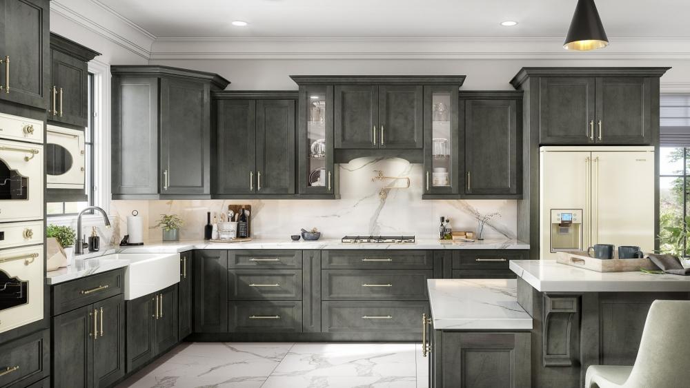 RTA Charlotte Dark Grey 33" x 36" Wall Cabinet with 1 Decorative End Panel and Glass Door