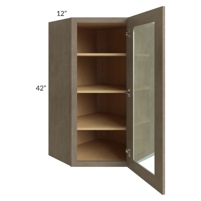 RTA Cobblestone Grey 24" x 42" Glass Diagonal Corner Wall Cabinet with 1 Skin