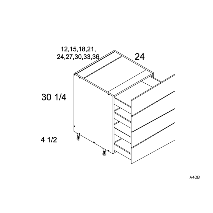 RTA Euro Gloss White 12" 4-Drawer Base Cabinet