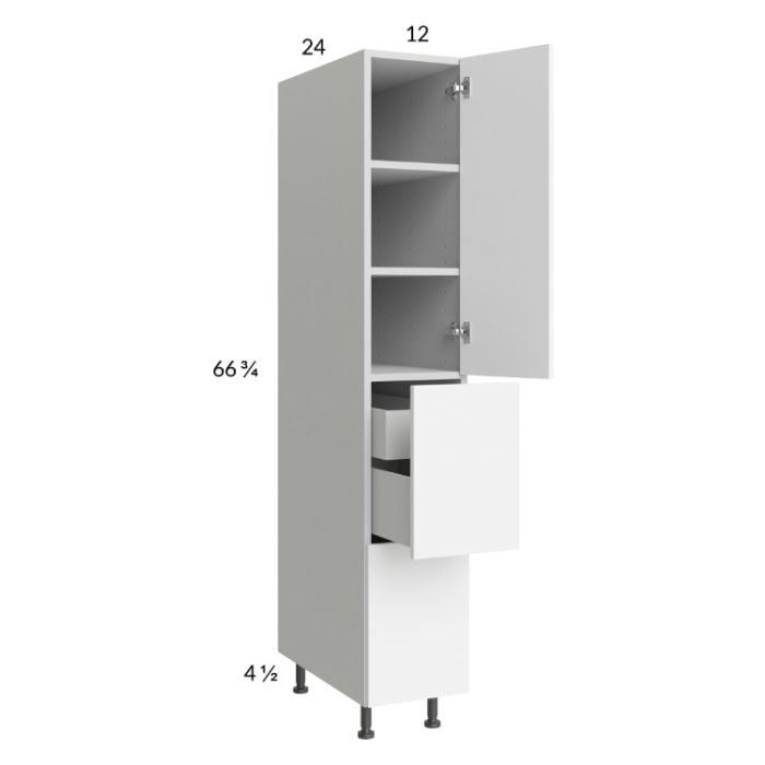 RTA Euro Gloss White 12" x" 71" - 1/4" Utility Cabinet with 1 Door, 2 Drawers and 1 Inner Drawer