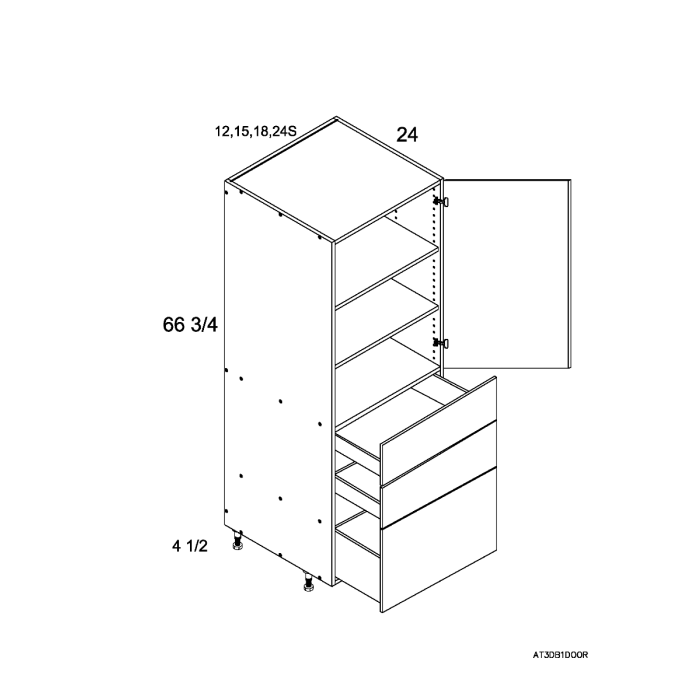 RTA Euro Gloss White 12" x 71" - 1/4" Utility Cabinet with 1 Door and 3 Drawers