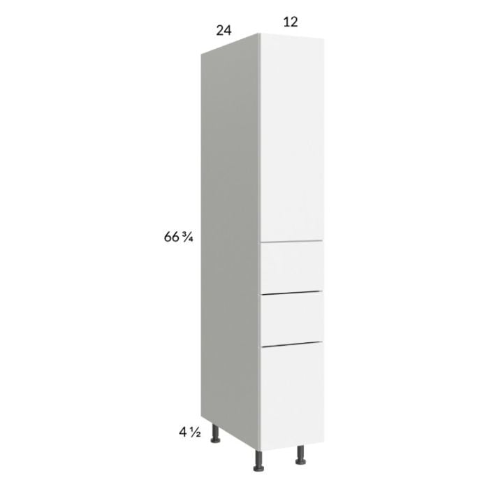 RTA Euro Gloss White 12" x 71" - 1/4" Utility Cabinet with 1 Door and 3 Drawers and 1 Finished End Panel