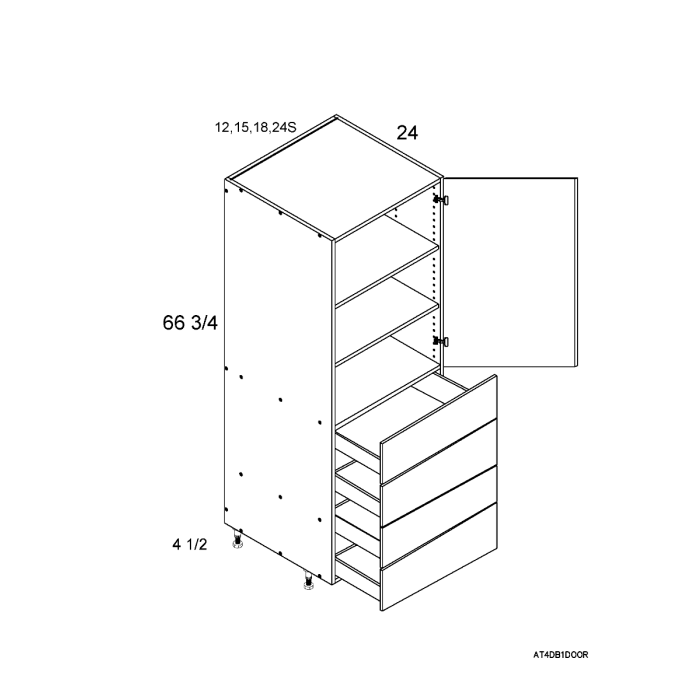 RTA Euro Gloss White 12" x 71" - 1/4" Utility Cabinet with 1 Door and 4 Drawers and 1 Finished End Panel