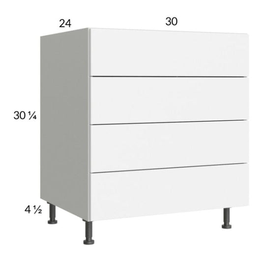 RTA Euro Gloss White 30" 3-Drawer Range Base Cabinet with 1 False Drawer Front and 1 Finished End Panel