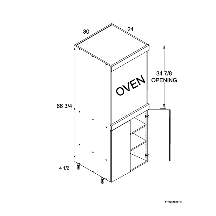 RTA Euro Gloss White 30" x 71" - 1/4" Single Oven Cabinet with 2 Doors and 1 Finished End Panel
