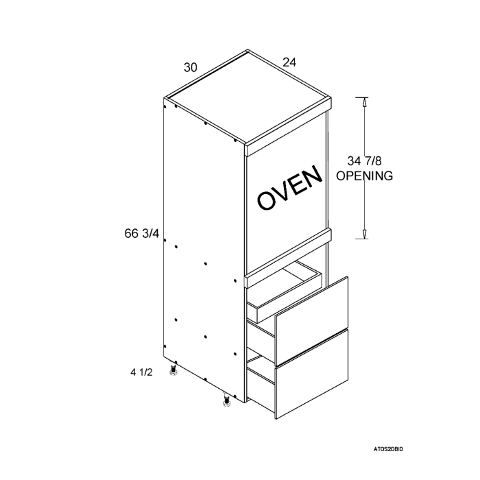 RTA Euro Gloss White 30" x 71" - 1/4" Single Oven Cabinet with 2 Drawers and 1 Inner Drawer and 1 Finished End Panel
