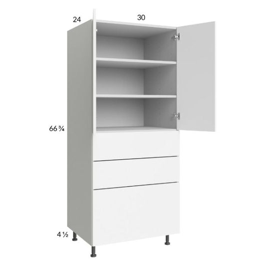 RTA Euro Gloss White 30" x 71" - 1/4" Utility Cabinet with 2 Doors and 3 Drawers and 1 Finished End Panel\